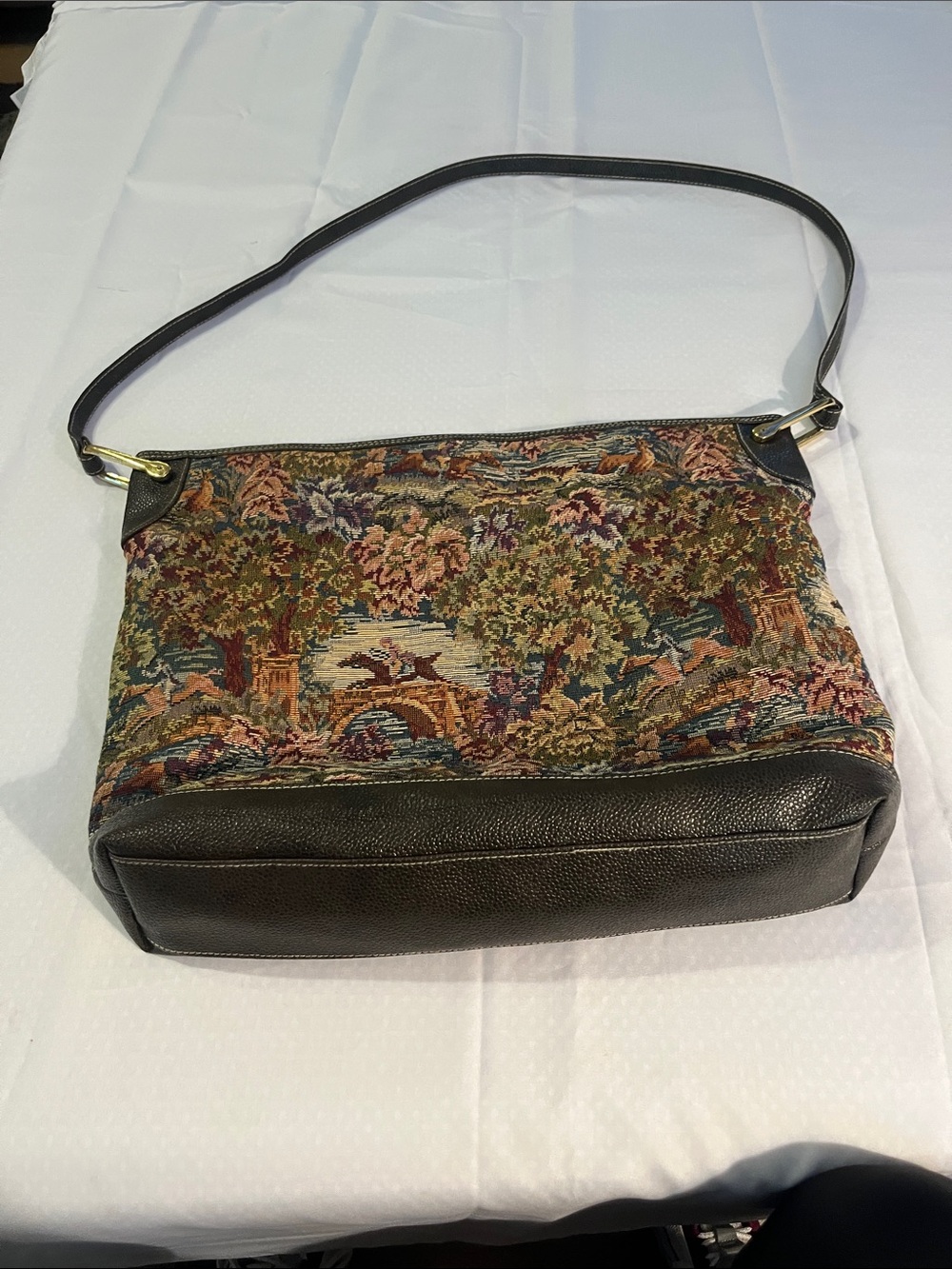 Tapestry Shoulder Bag with Green Leather Trim